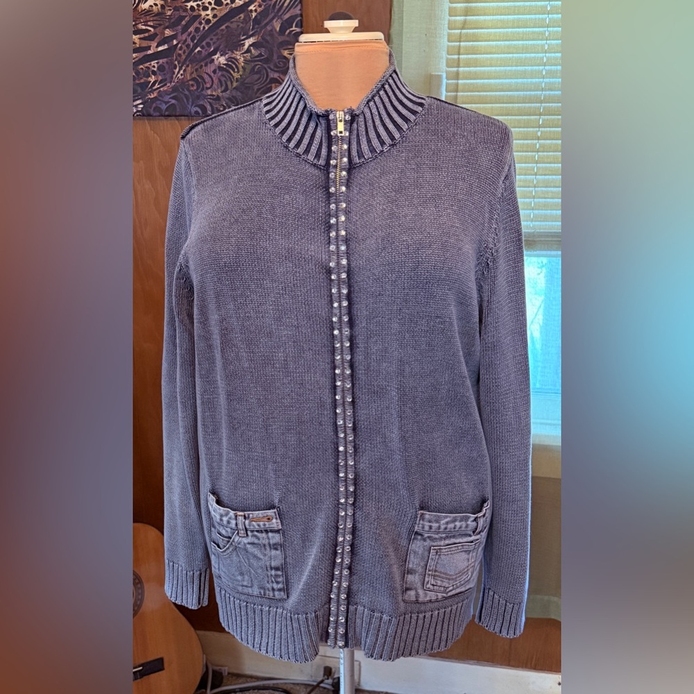 Quacker Factory Rhinestone Sweater Cardigan w/ Jean Pockets - Blue (Size XL)